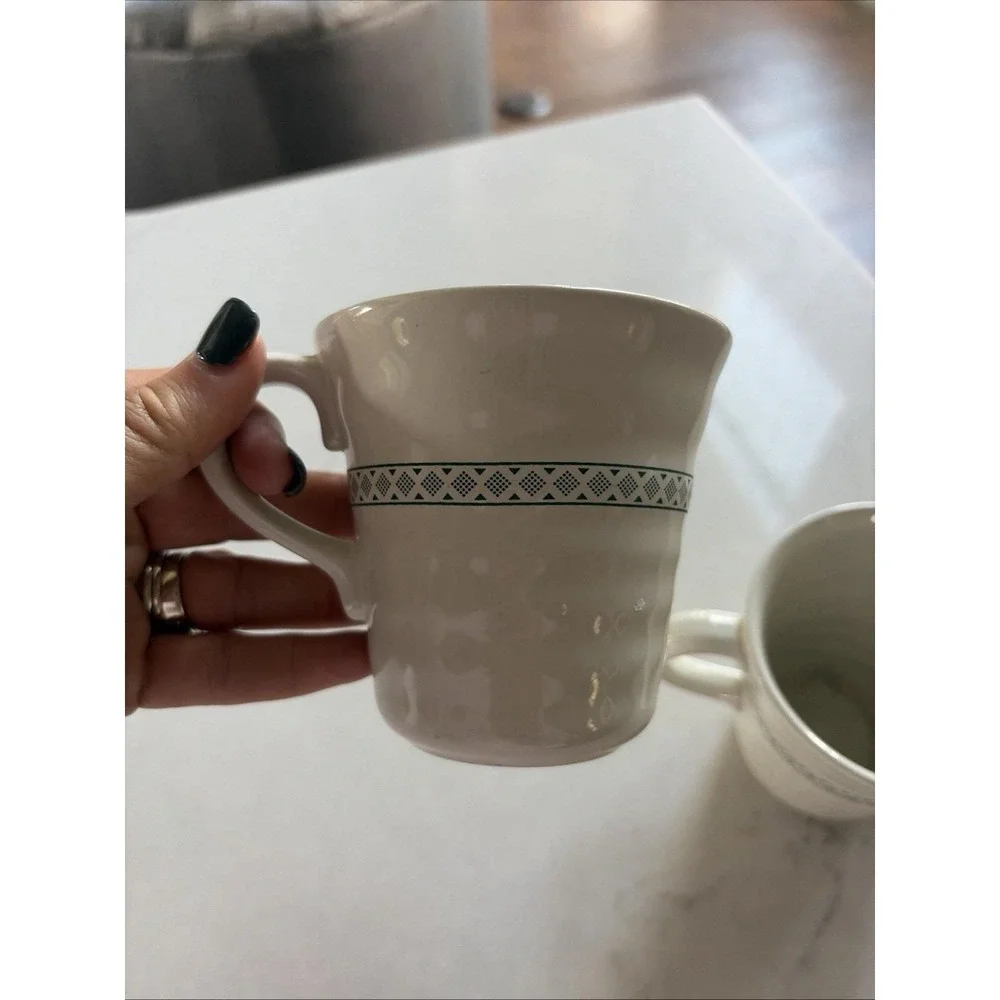 VTG 90s/2000s IKEA Coffee‎ Mugs Set of 2 White Green Geometric Band Ceramic Cups